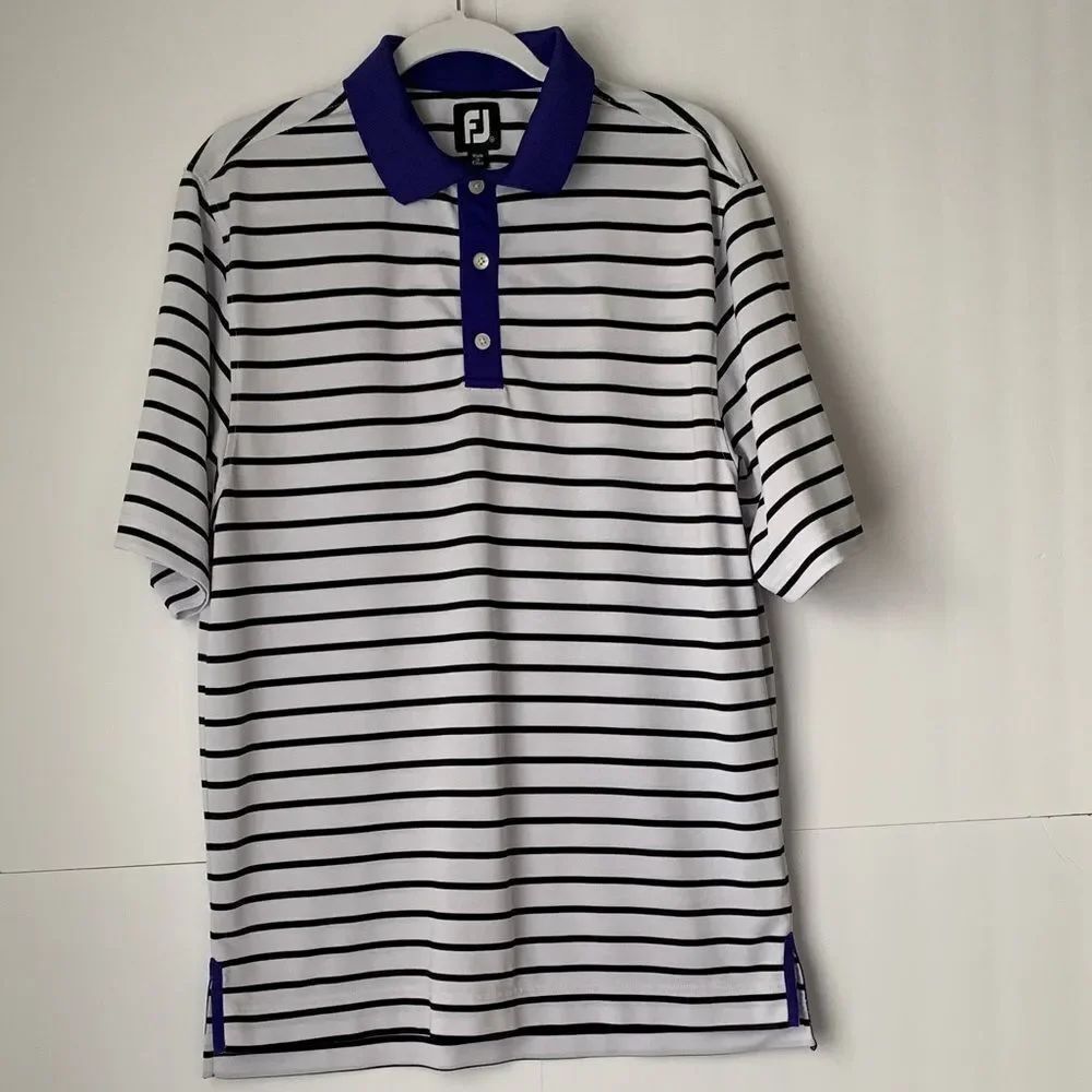 FootJoy Men's Athletic Striped Golf Polo Shirt - White/Black/Blue Size M